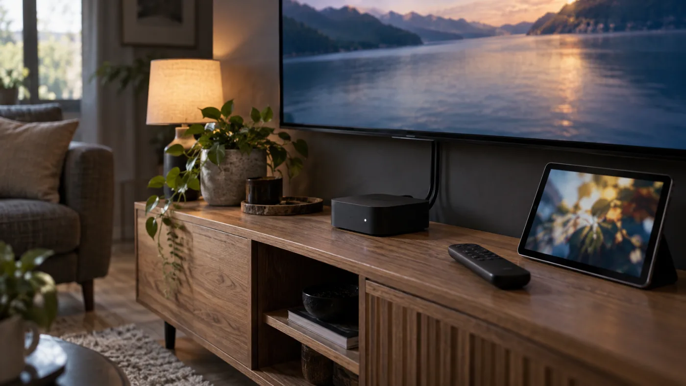 Illustrative detail of a television, streaming box and remote
