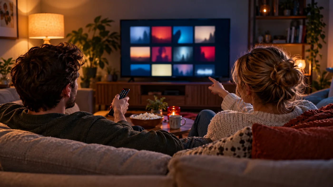 Illustrative scene of two people choosing something to watch at home