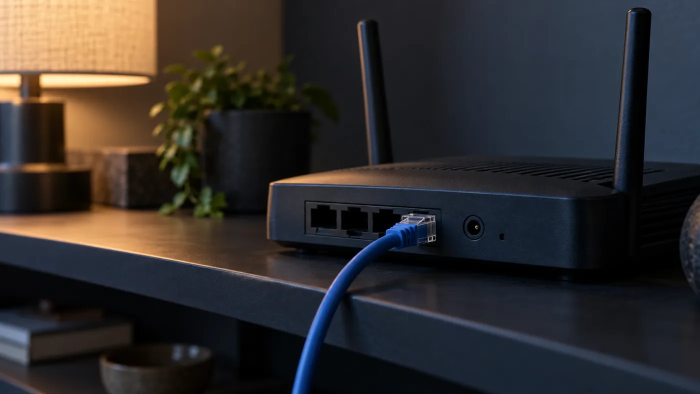 Illustrative close-up of a home router and Ethernet cable