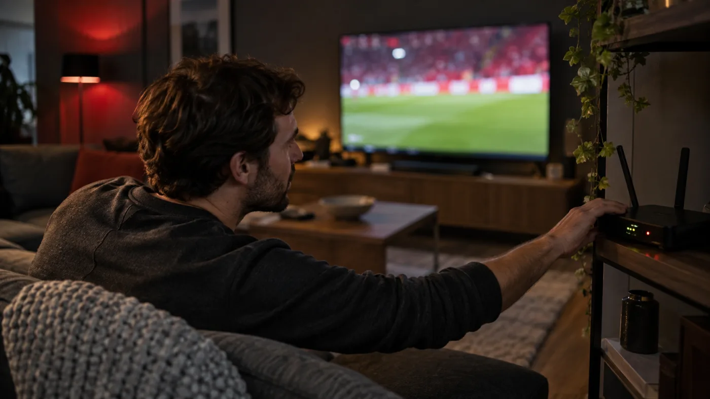 A viewer checking a home Wi-Fi router while a television plays in the background