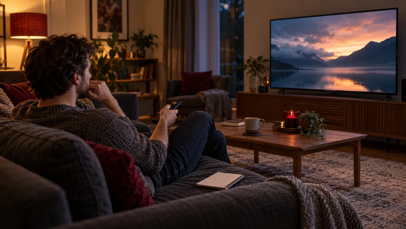 Illustrative scene of a viewer testing a television at home