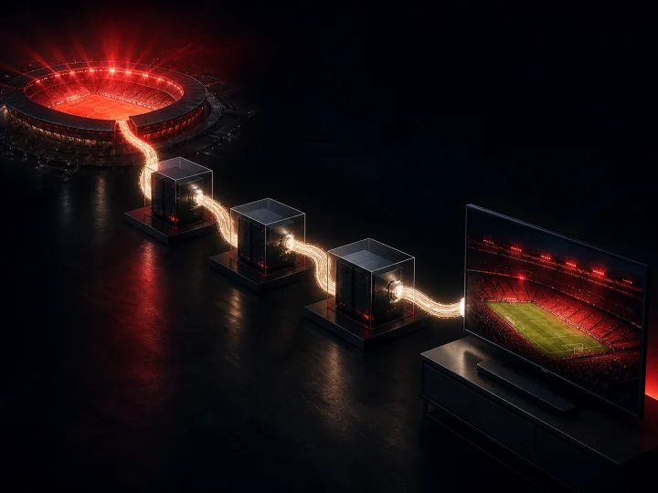 A stadium signal passing through three relay nodes to a television