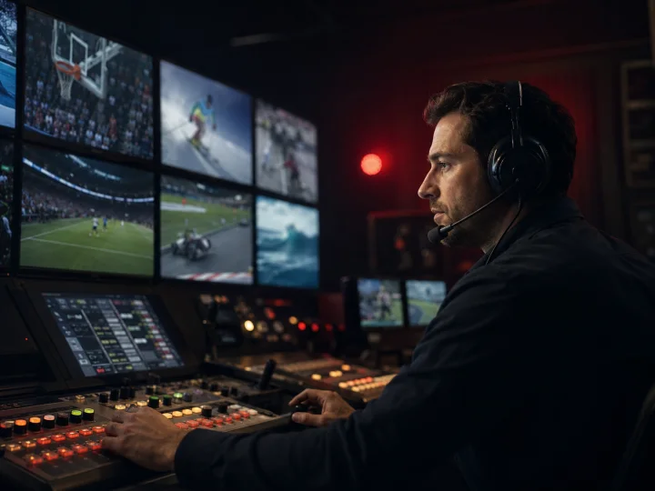 A support engineer monitoring live sports feeds in a broadcast control room